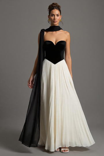Black and White A Line Chiffon Sweetheart Long Formal Dress